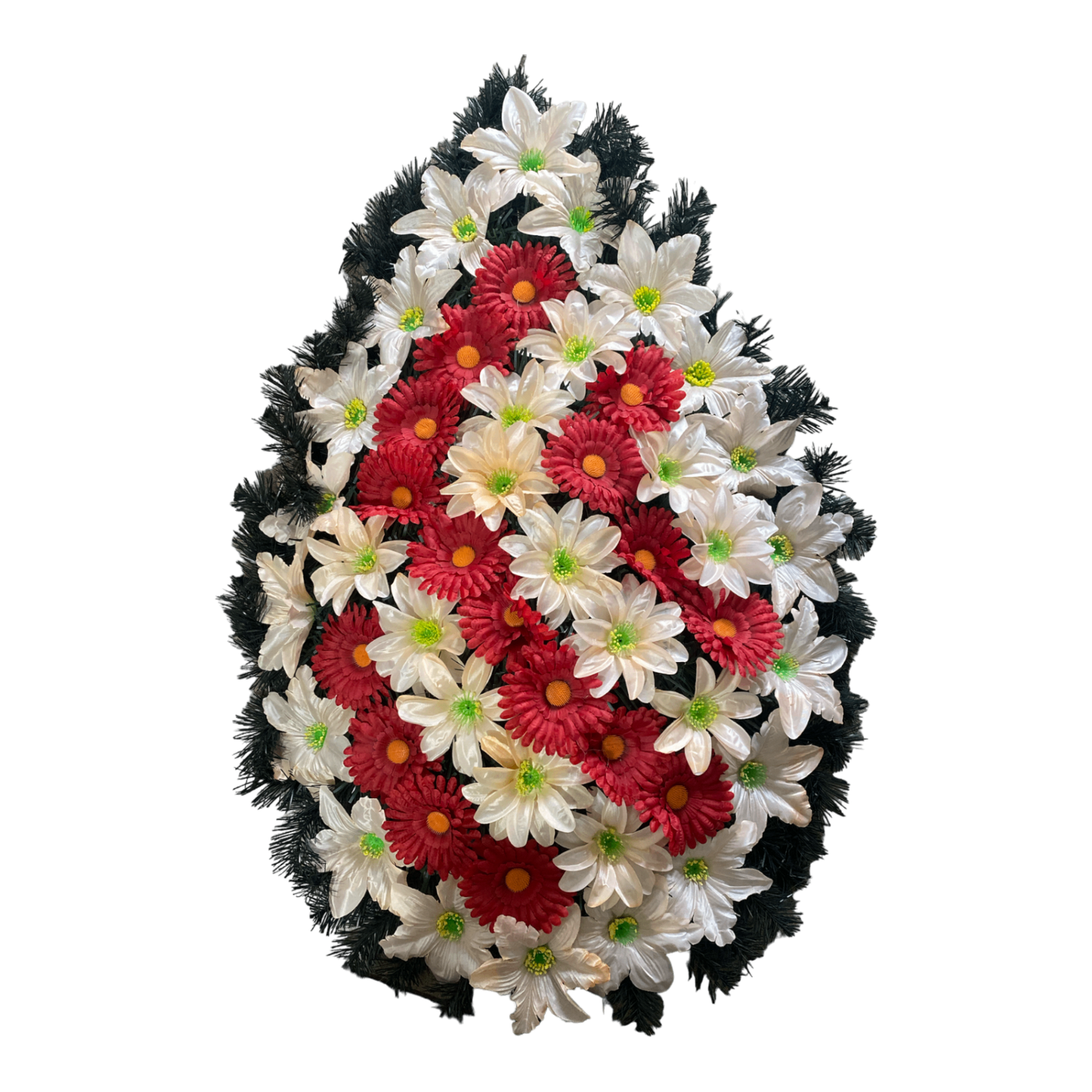 Coroana funerara artificiala realizată din gerbera roșie, dalii cu pânză dublă crem și conturul este realizat din crini galben crem