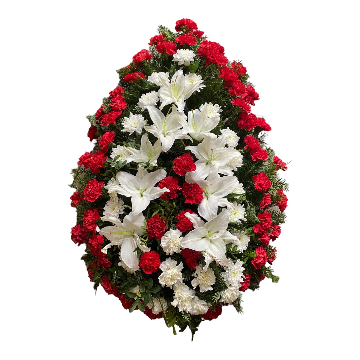 Coroana funerara lucrata din garoafe rosii care creaza conturul coroanei, mijlocul este facut din crini albi impreuna cu garoafe rosii. Pe restul suprafetei s-au pus garoafe albe.