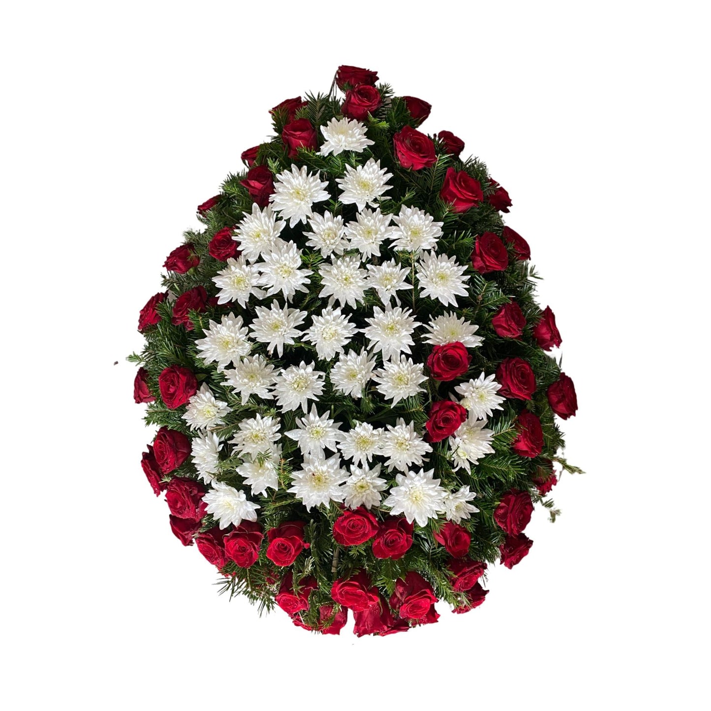 coroana funerara naturala din trandafiri rosii pe margine si crizanteme pe mijloc