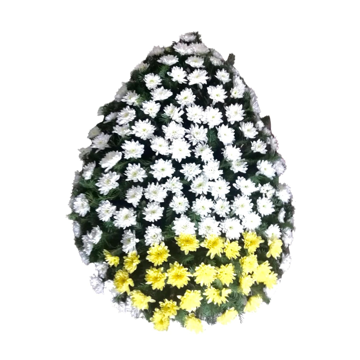 Coroana funerara naturala din crizanteme galbene in partea de jos si albe