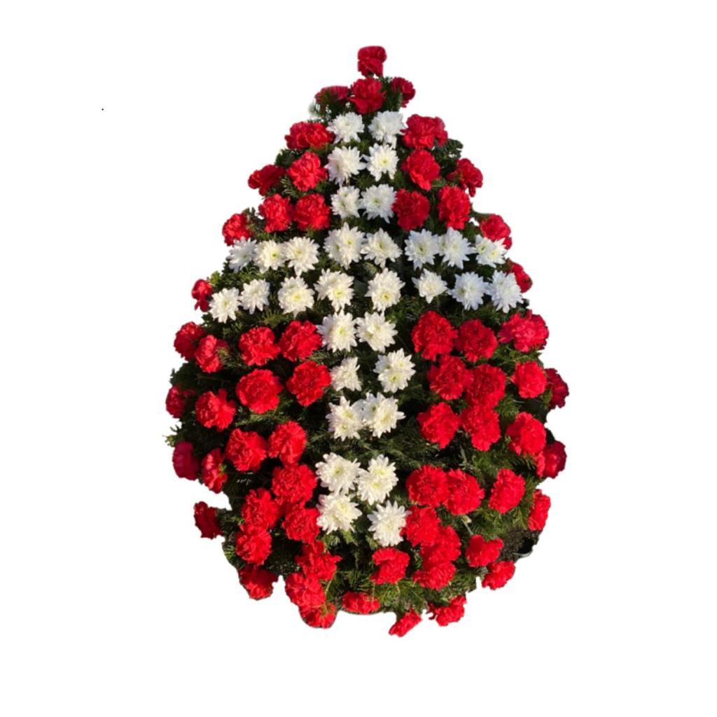 coroana funerara naturala in forma de cruce din crizanteme albe si garoafe rosii