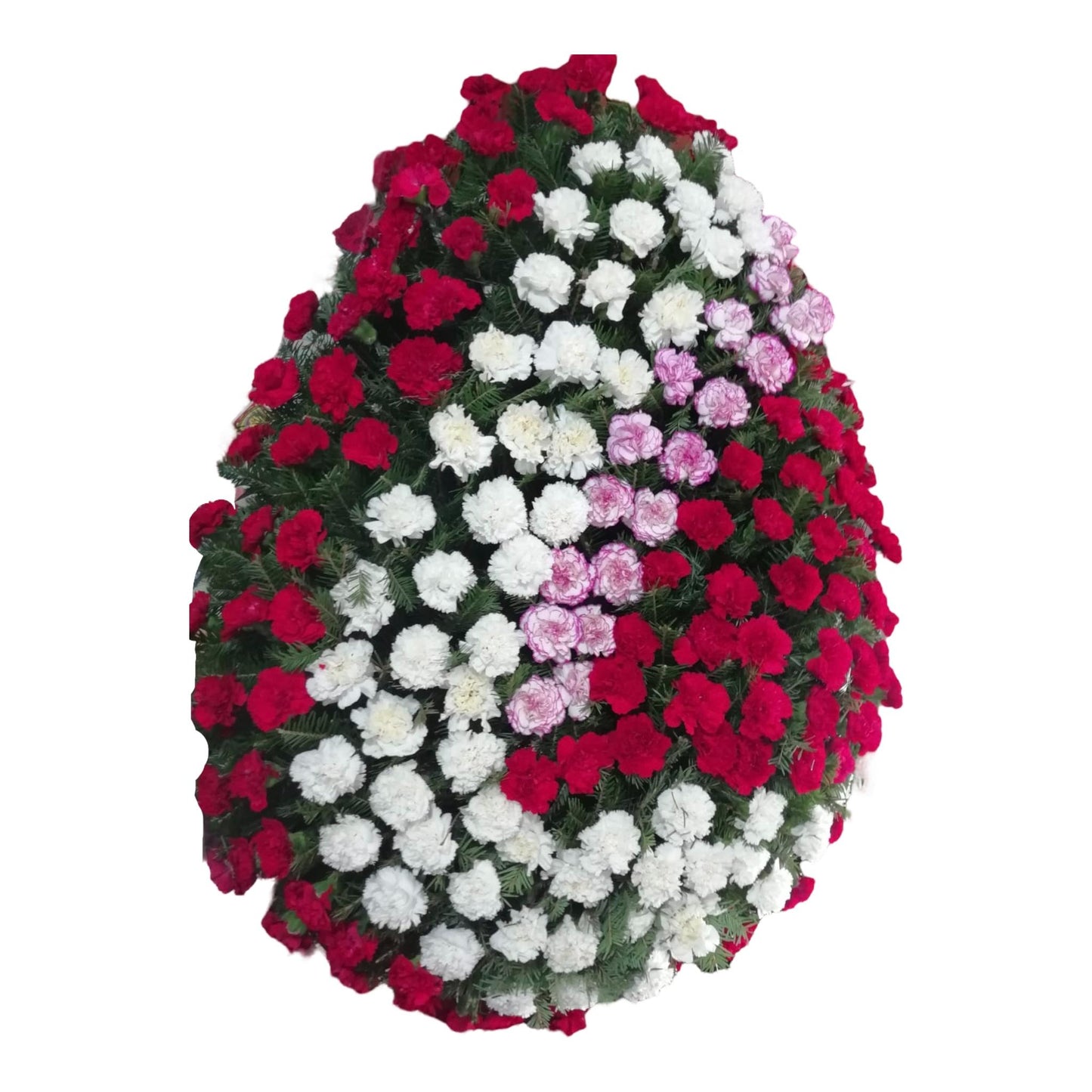 Coroană naturală funerară realizată din garoafe roșii, albe și mov