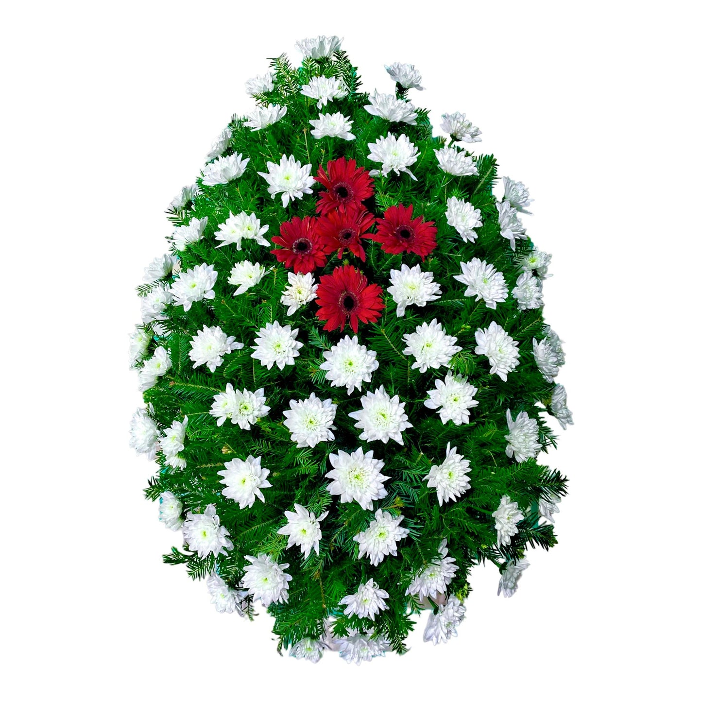 coroana funerara naturala din crizanteme albe si gerbera rosie gerbera este in forma de cruce