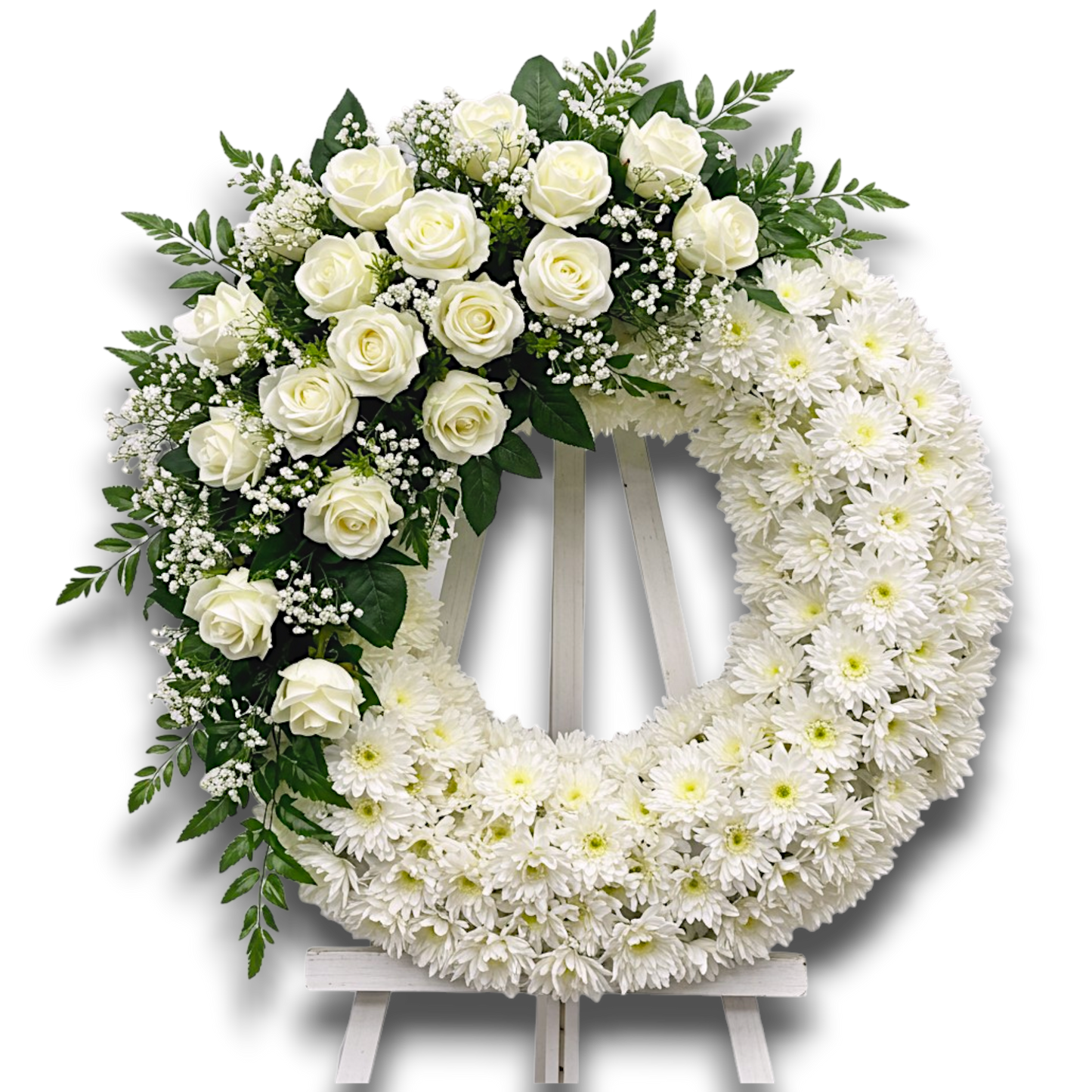 coroana funerara rotunda din crizanteme albe si trandafiri albi cu suport