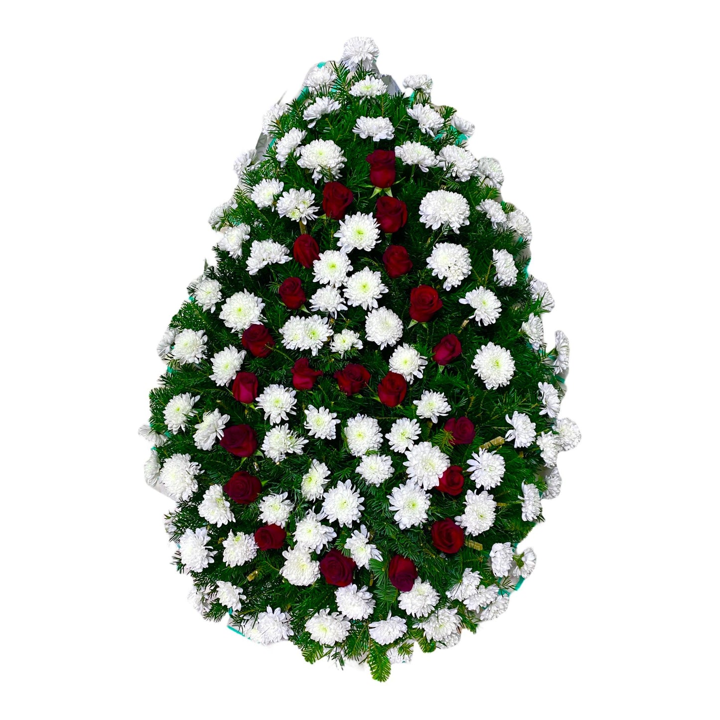 Coroana funerara realizata din trandafiri rosii si crizanteme albe si brad proaspat
