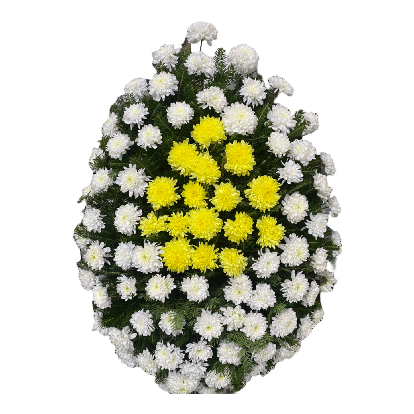 Coroana funerara realizata exclusiv din crizanteme albe (#FFFFFF) si galbene (#FFFF00)