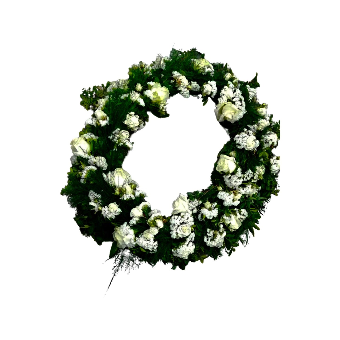 Coroana funerara rotunda simpla de culoare alba cu brad natural