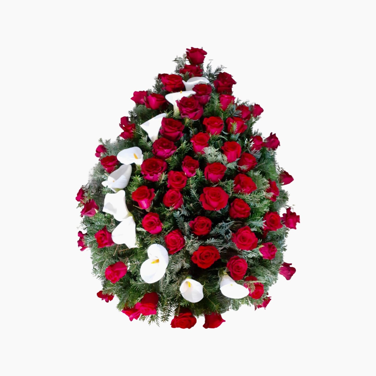 Coroana funerara naturala din cale albe si trandafiri rosii cu un model unic