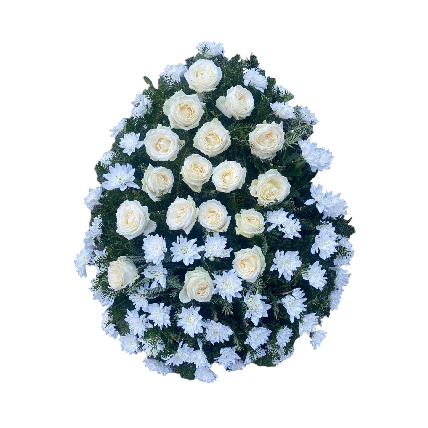 Coroana funerara realizata din trandafiri și crizanteme albe