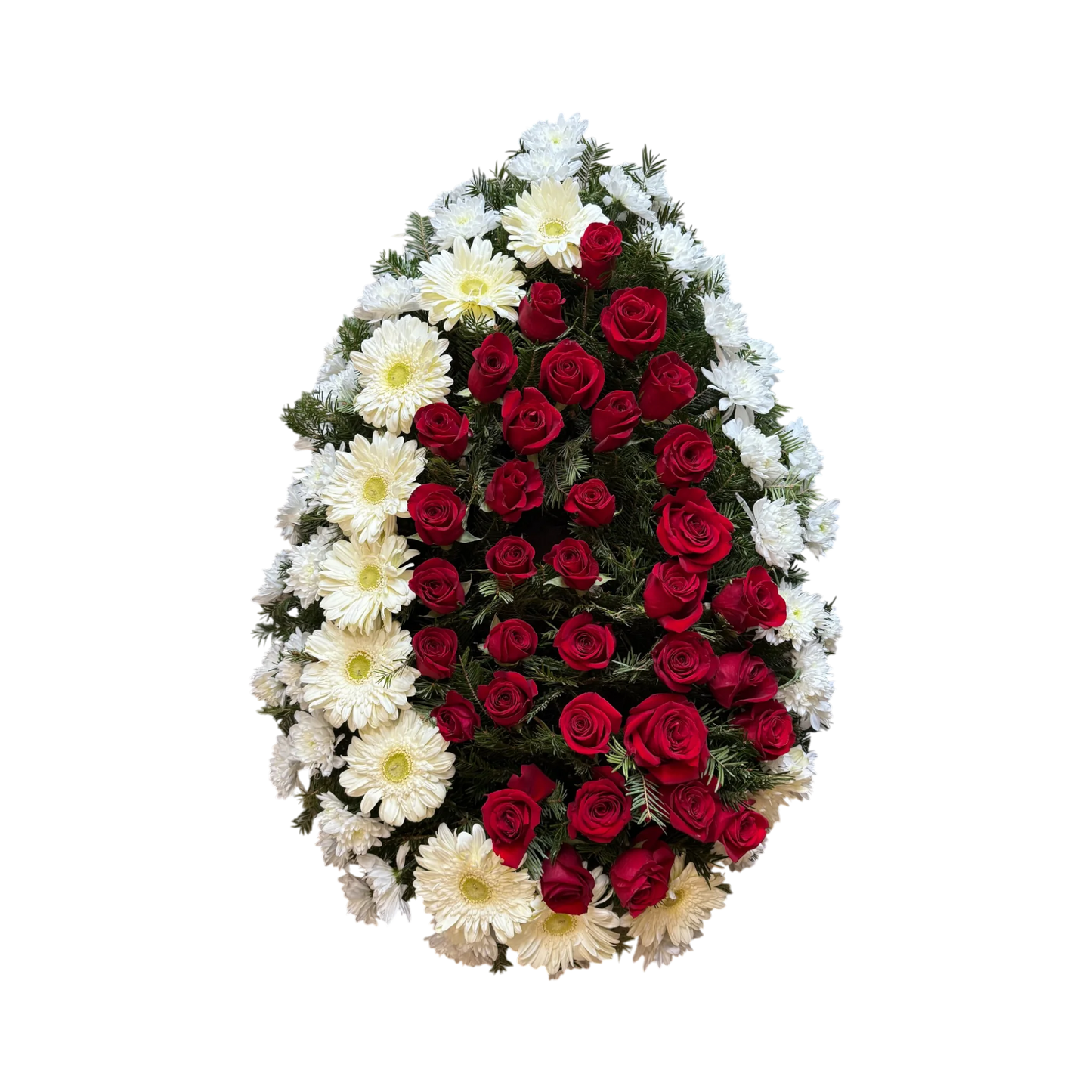 coroana funerara naturala din J de gerbera alba, trandafiri rosii si crizanteme albe