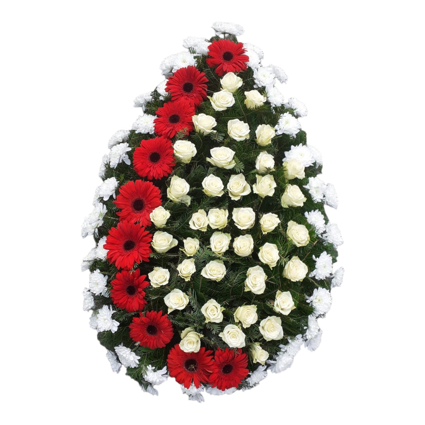 Coroana funerara naturala realizata din trandafiri gălbui(#FCE883), gerbera rosie (#FF3800) si crizanteme albe (#FFFFFF)