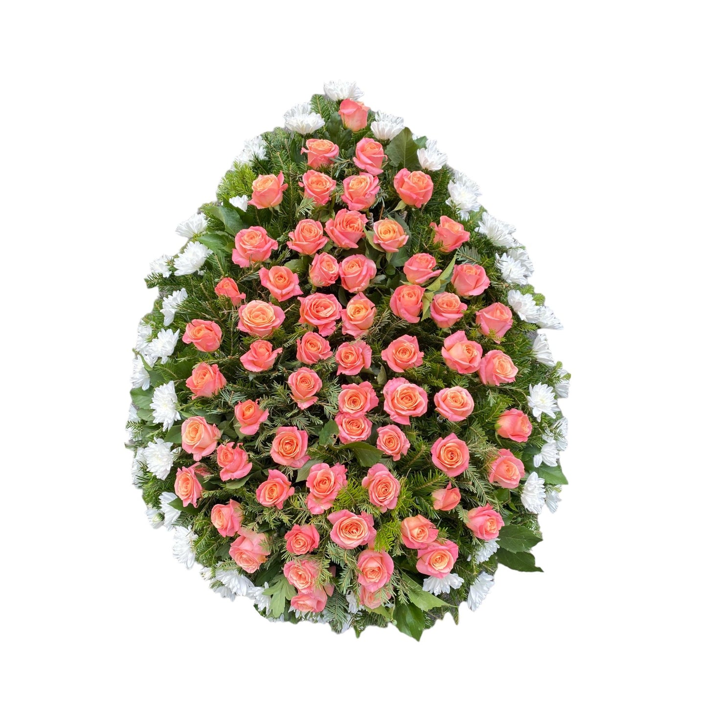 Coroana funerara realizată din trandafiri de culoare corai (#FF7F50) puși pe întreaga suprafață și conturul este realizat din crizanteme albe (#FFFFFF)