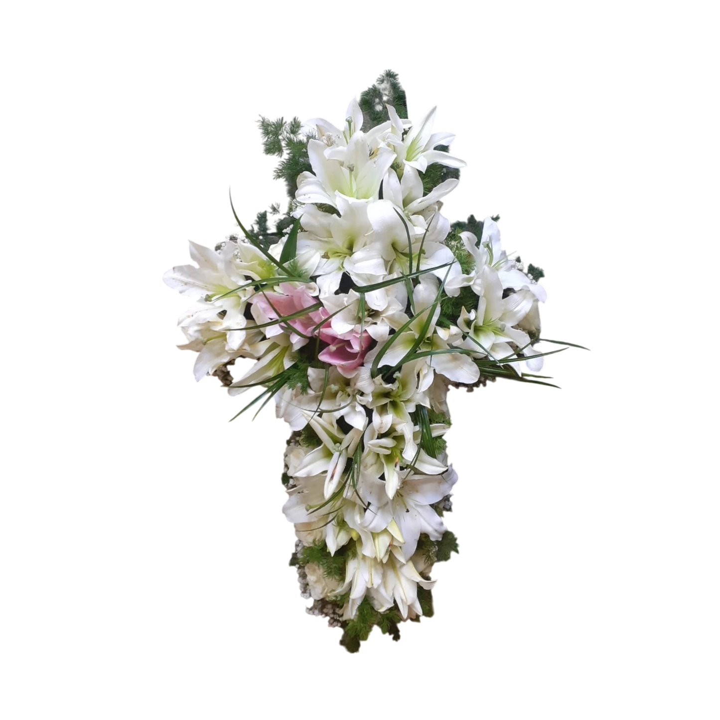 coroana funerara in forma de cruce din crini albi