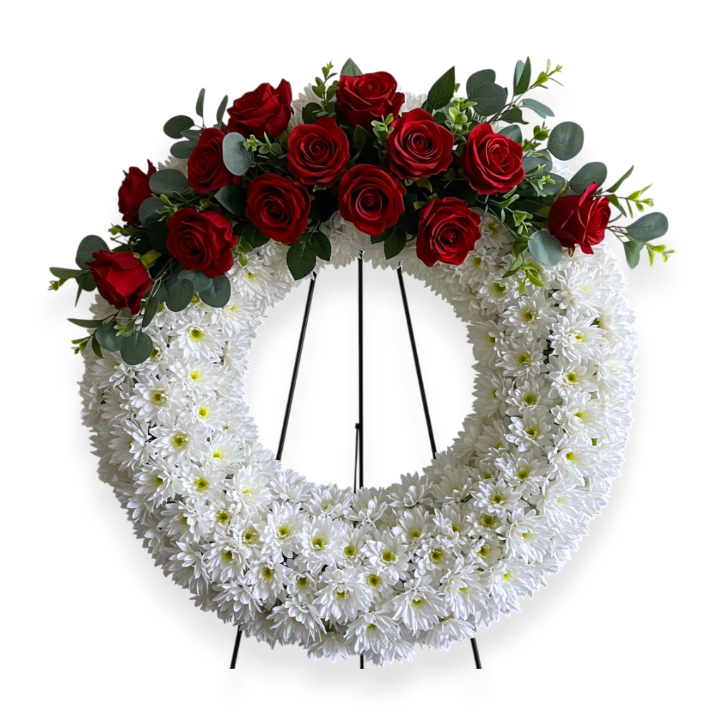 coroana funerara rotunda cu suport din trandafiri rosii si crizantema alba