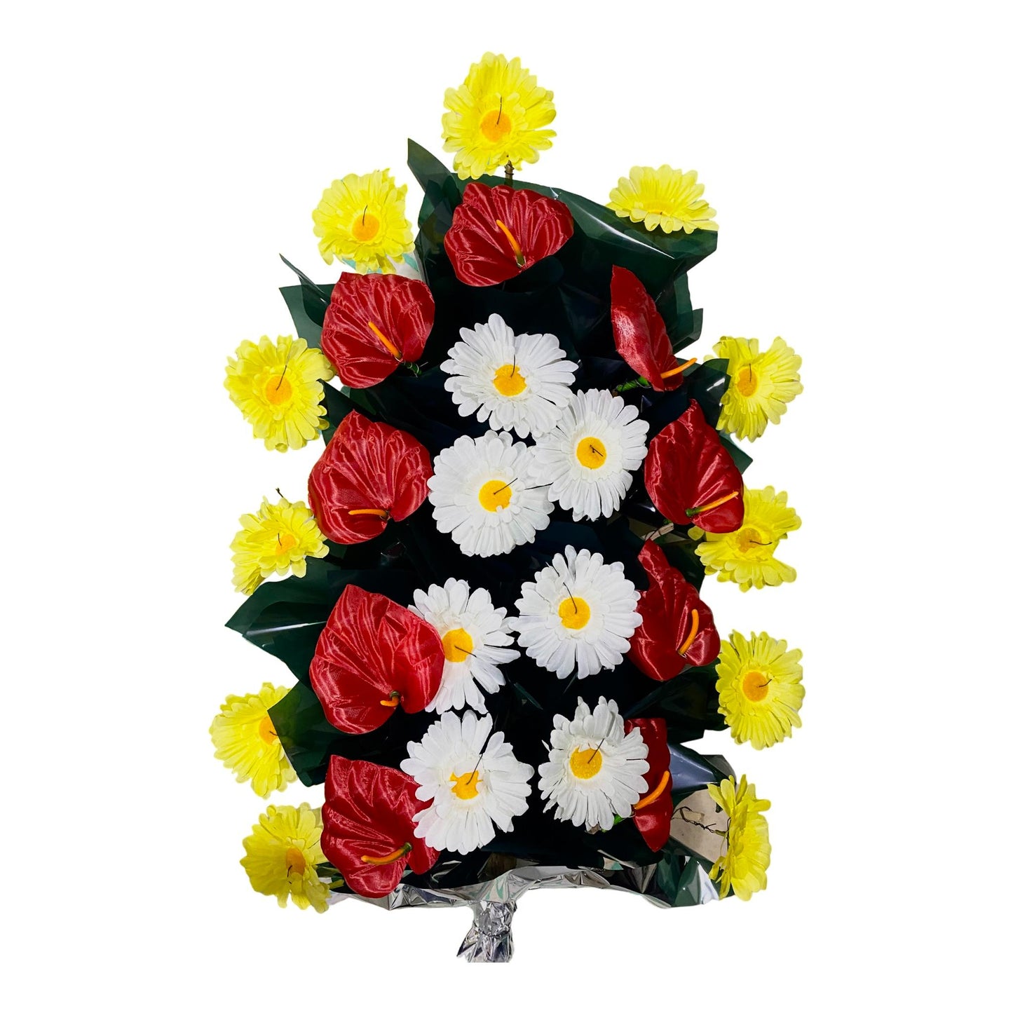 Jerba funerara artificiala realizata din margarete galbene , albe si cale rosii