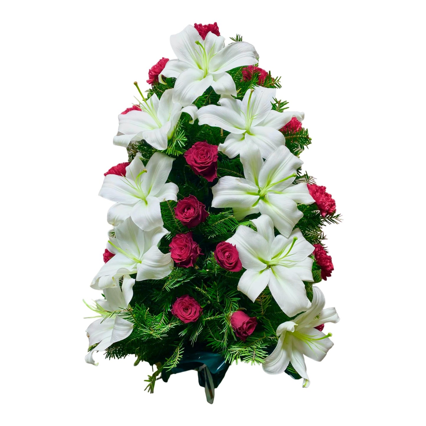 Jerba naturala funerara din trandafiri rosii și cupe de crini albi