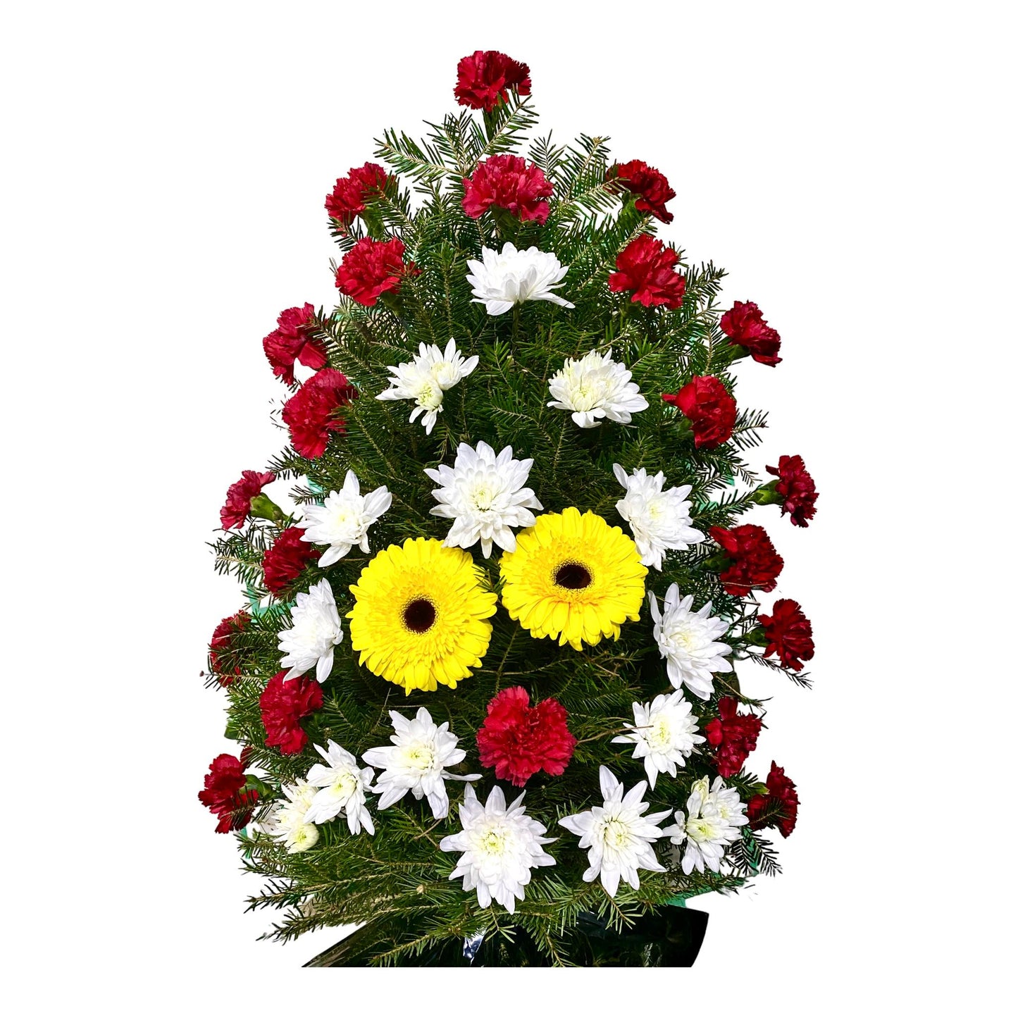 Jerba funerara din crizanteme albe, garoafe rosii (#DC143C) si gerbera galbena si brad proaspat