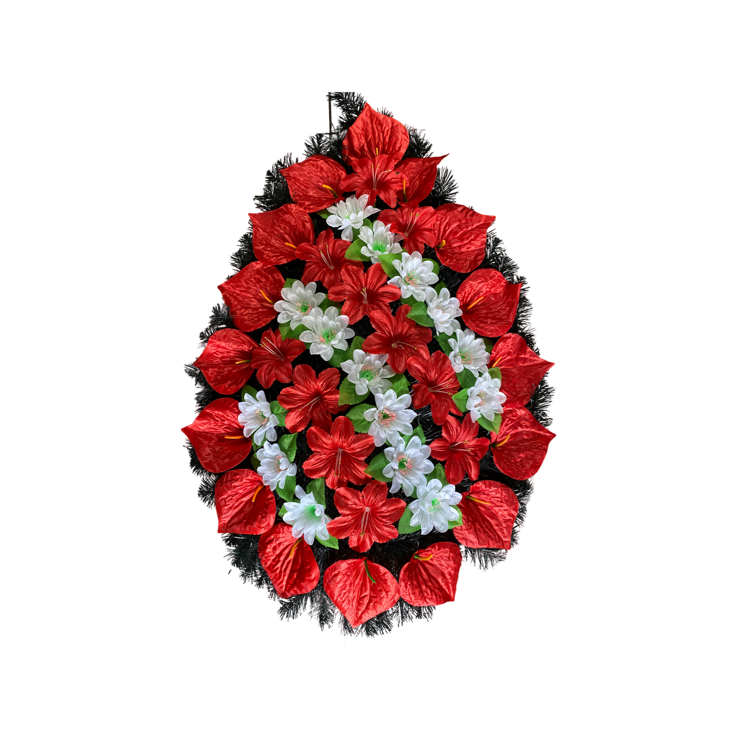 coroana unica formata din anthurium, crini și Anemone nemorosa si brad artificial de culoare rosu si alb