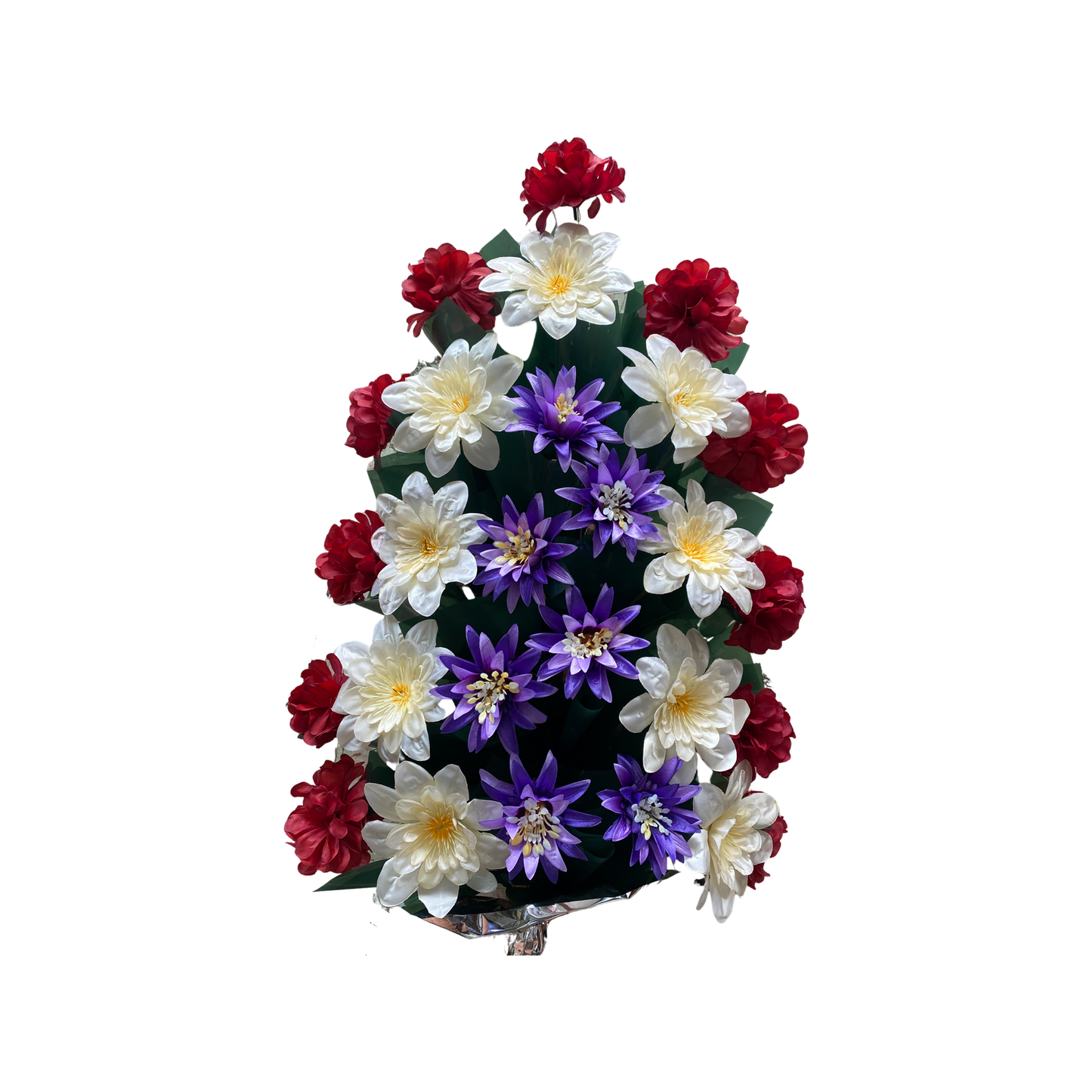 Jerba artificiala funerara realizata din crin de apa Egyptian lotus asezat pe mijloc de culoare albastru purpuriu (#4C2882). Sunt realizate doua inele, cel interior lucrat din dalii de nuanta galben canar (#FFFF99). Inelul exterior este din crizanteme rosii (#C80815)