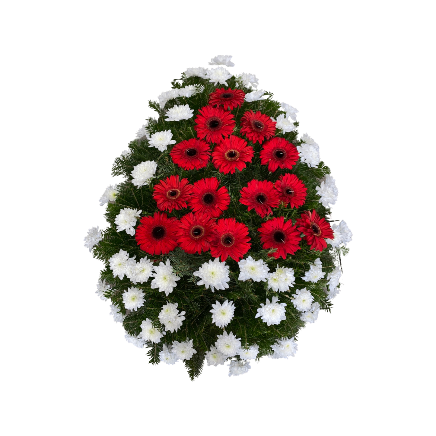 coroana funerara naturala cu un deisgn format din gerbera pe mijloc si crizanteme albe