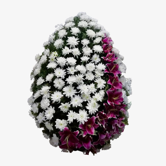 Coroana funerara naturala din crini roz si crizanteme albe cu un design abstract
