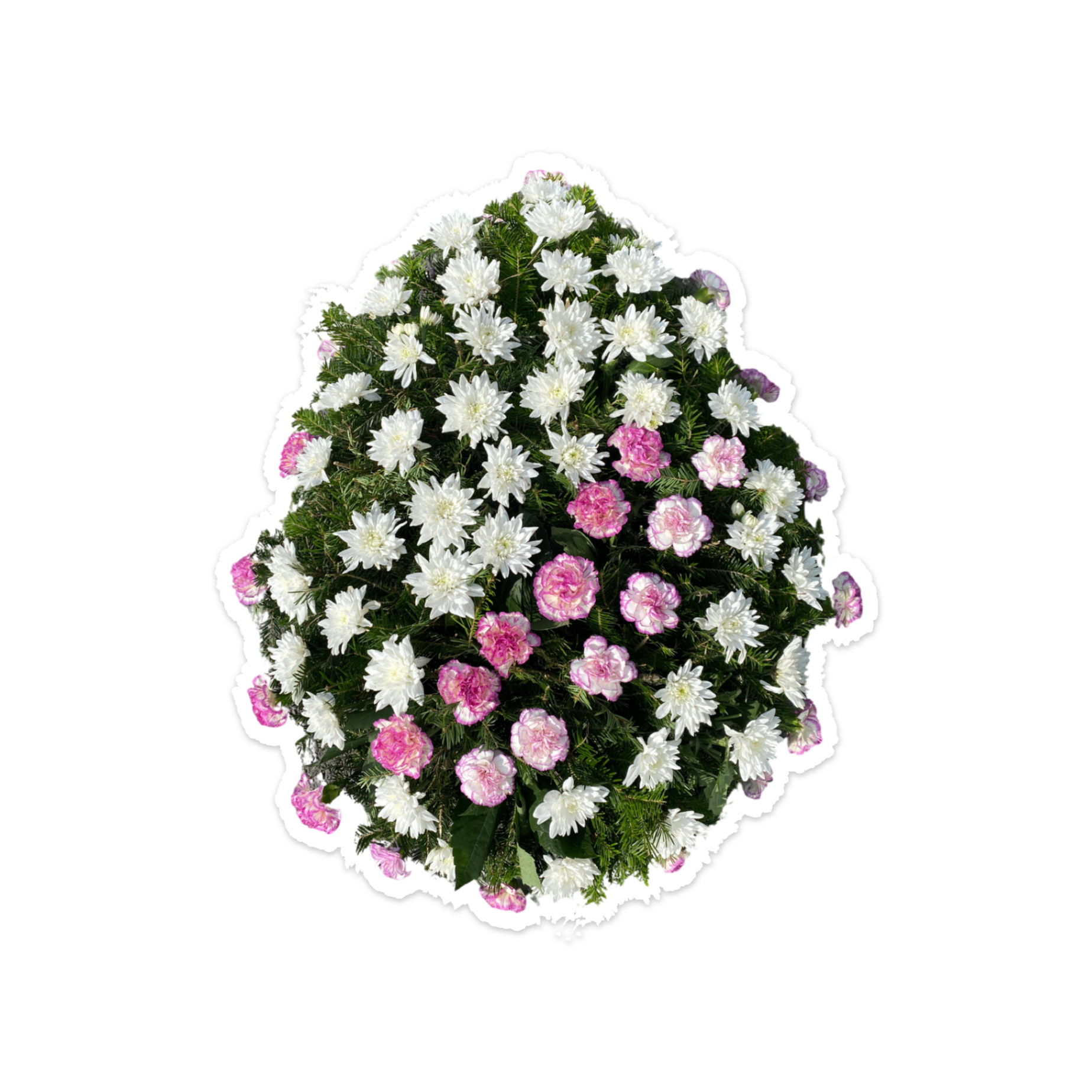 Coroana funerara naturala unica din garoafe roz asezate diagonal si crizanteme albe
