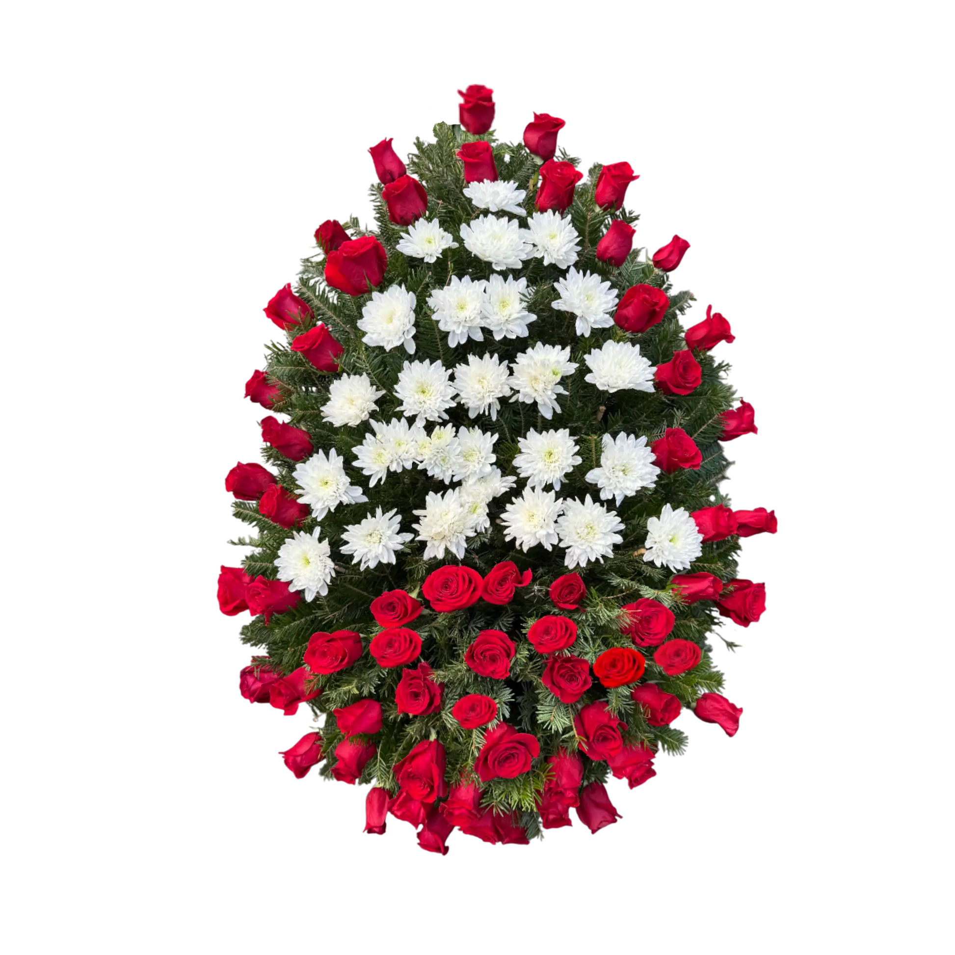 coroana din buchet de trandafiri si crizanteme albe