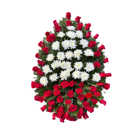 coroana din buchet de trandafiri si crizanteme albe