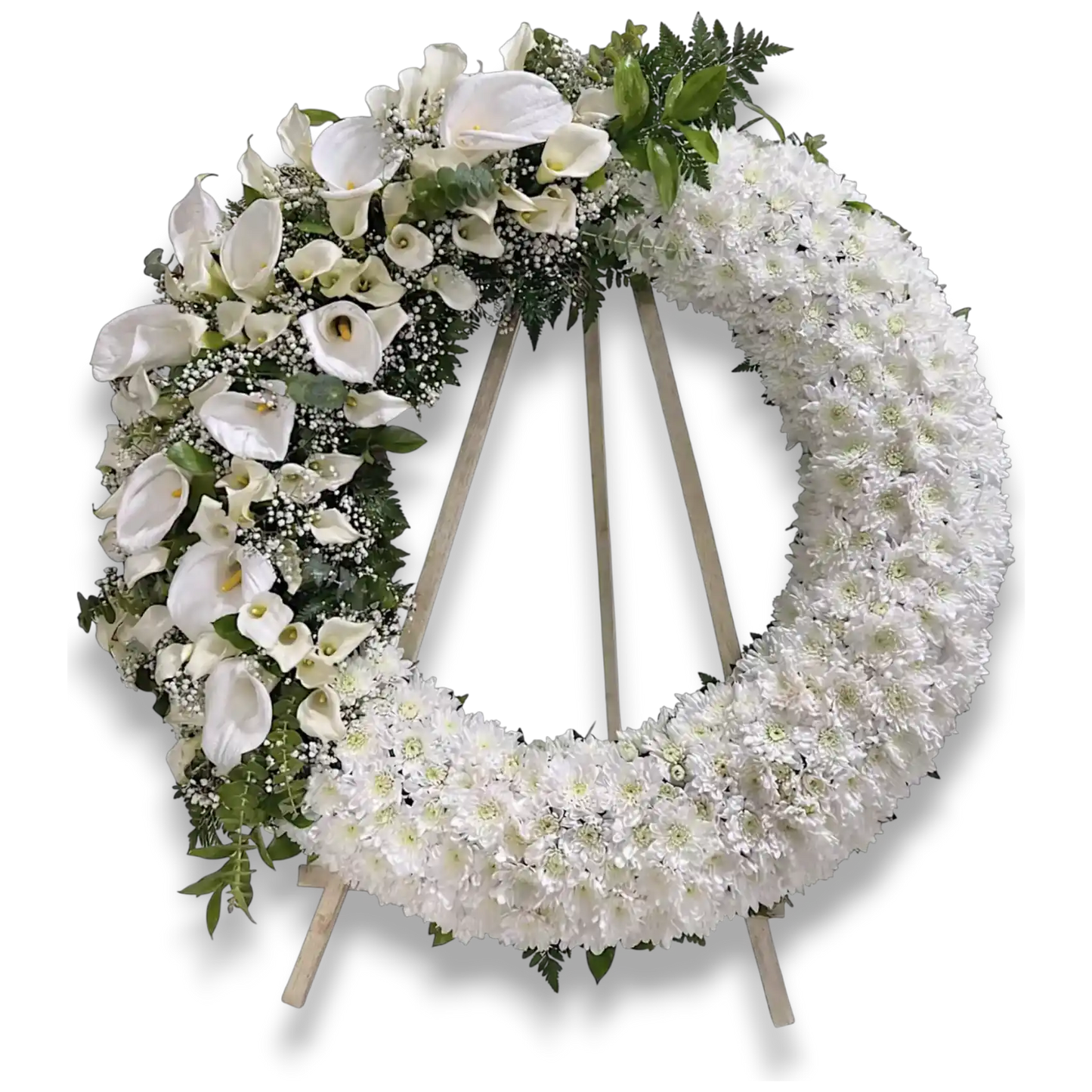 coroana funerara rotunda pe suport din crizanteme si cale albe