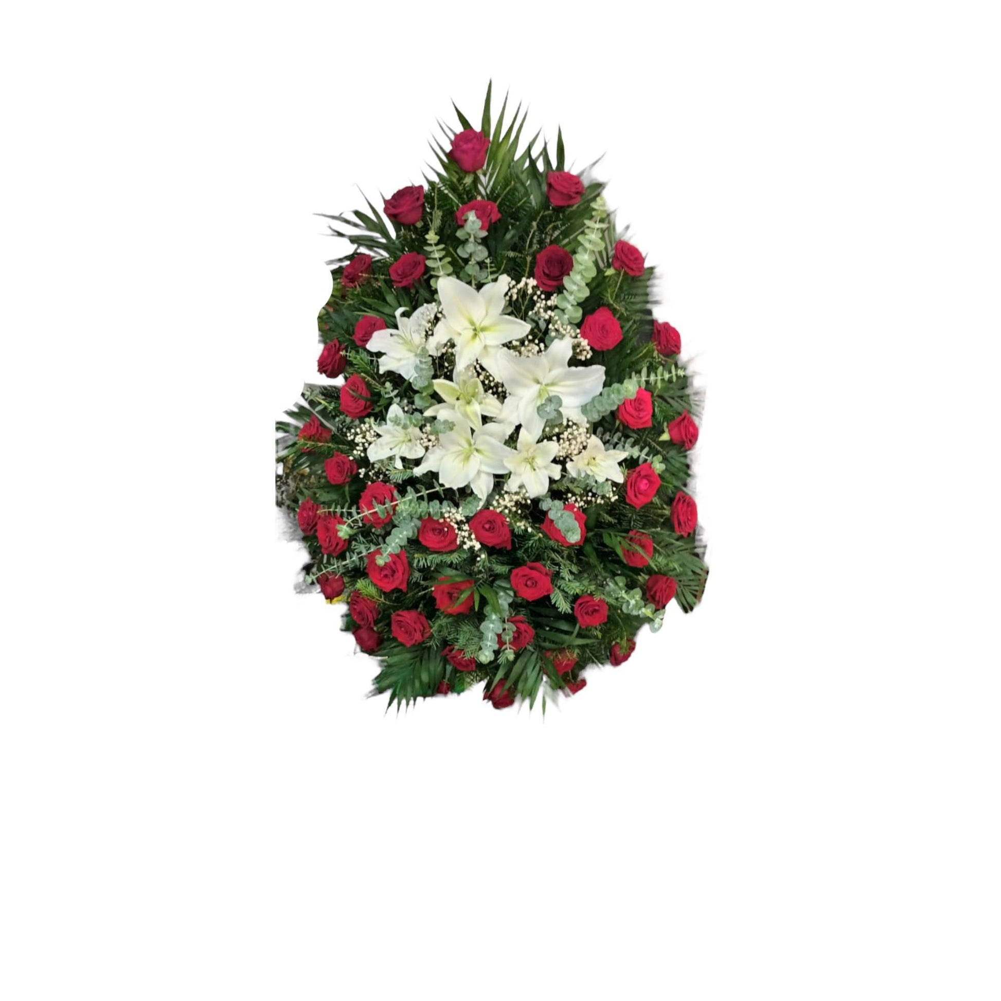 Coroană funerară realizată din trandafiri roșii (#B21A27) și din gypsophila și crini albi și ornată cu plante decorative: frunze de eucalipt și Parlor Palme.