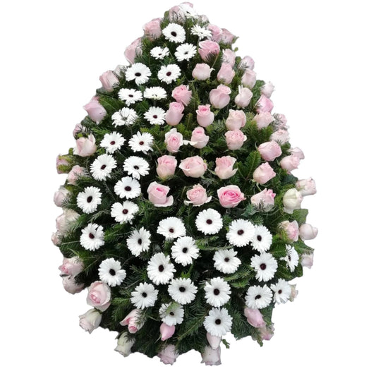 Coroana funerara mortuară realizată din trandafiri de culoare amarant roz (#F19CBB) și mini-gerbera albă (#FAFBFD)