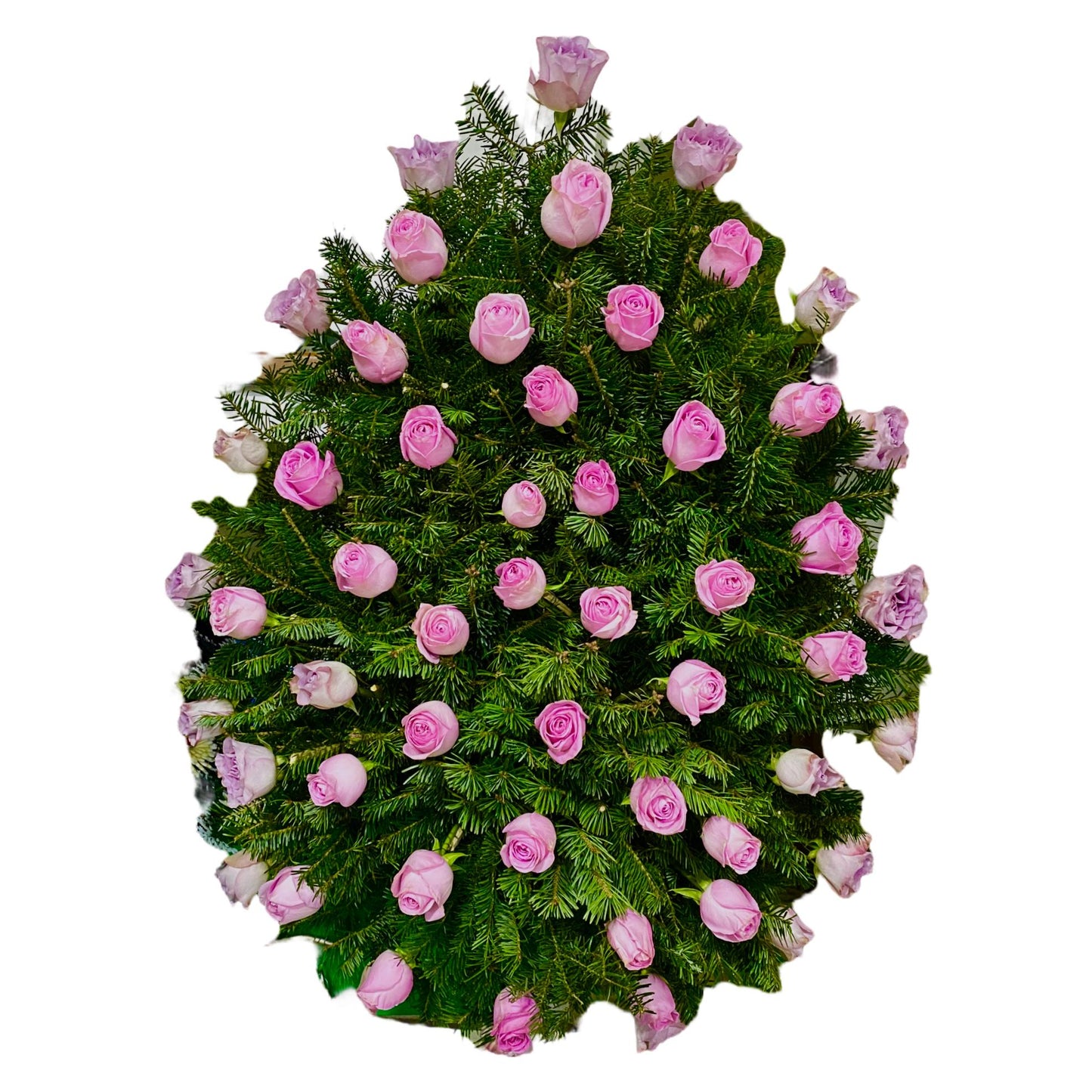 Corona funerara realizata exclusiv din trandafiri roz (#F19CBB) si din brad proaspat verde (#008000)