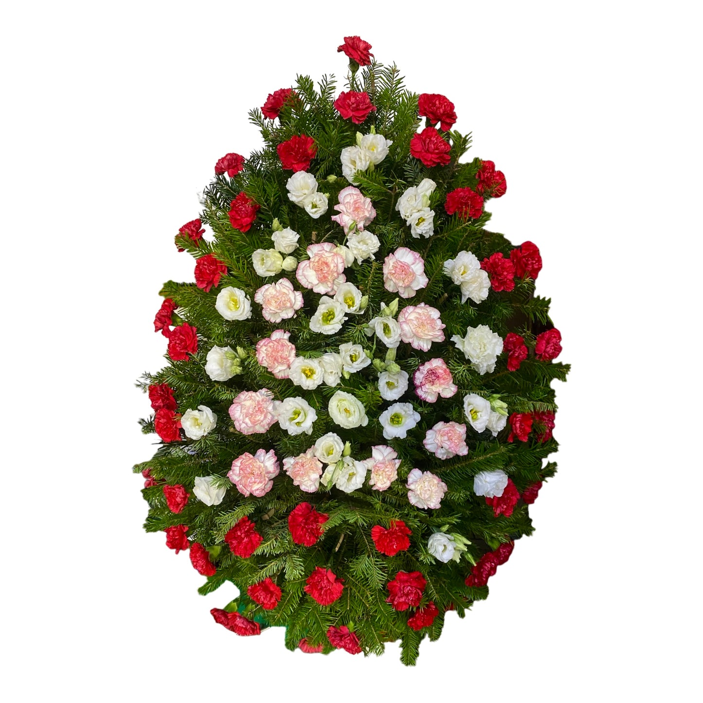 coroana funerara din garoafe rosii si roz cu llisianthus