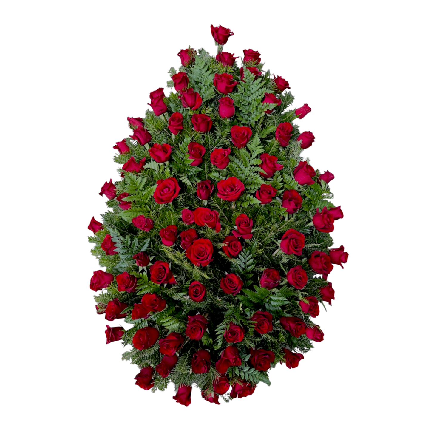 coroana funerara naturala din trandafirii rosii si feriga