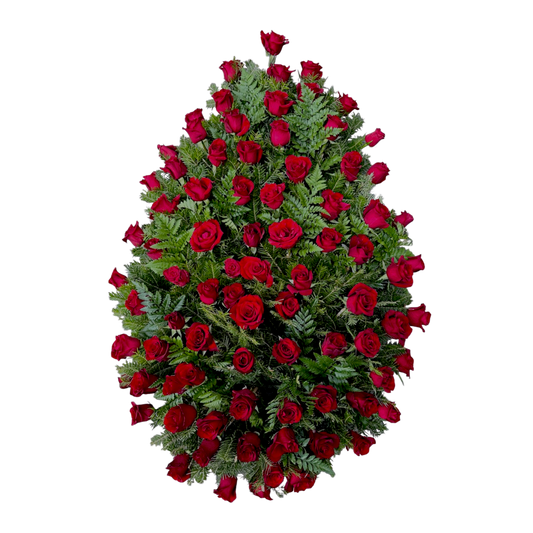 coroana funerara naturala din trandafirii rosii si feriga