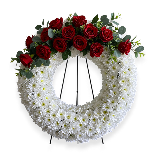 coroana funerara rotunda cu suport din trandafiri rosii si crizantema alba