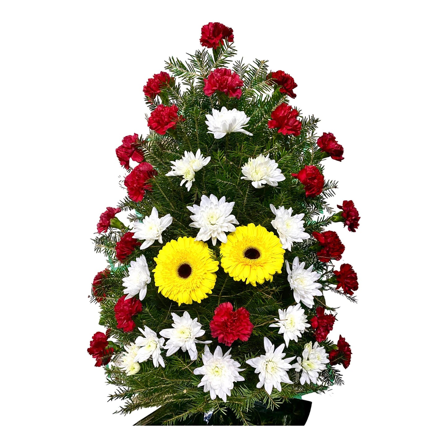Jerba funerara din crizanteme albe, garoafe rosii (#DC143C)  si gerbera galbena si brad proaspat