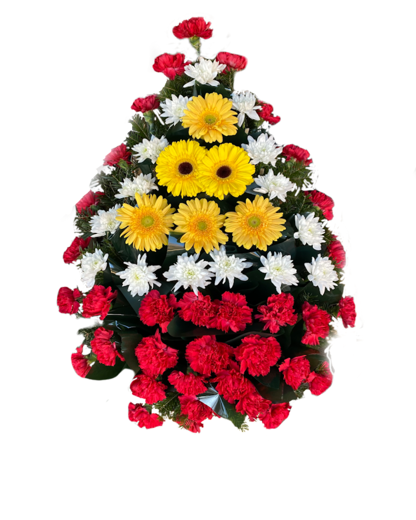 coroana funerara naturala realizata din jerbera galbena si crizanteme albe si garoafe rosii