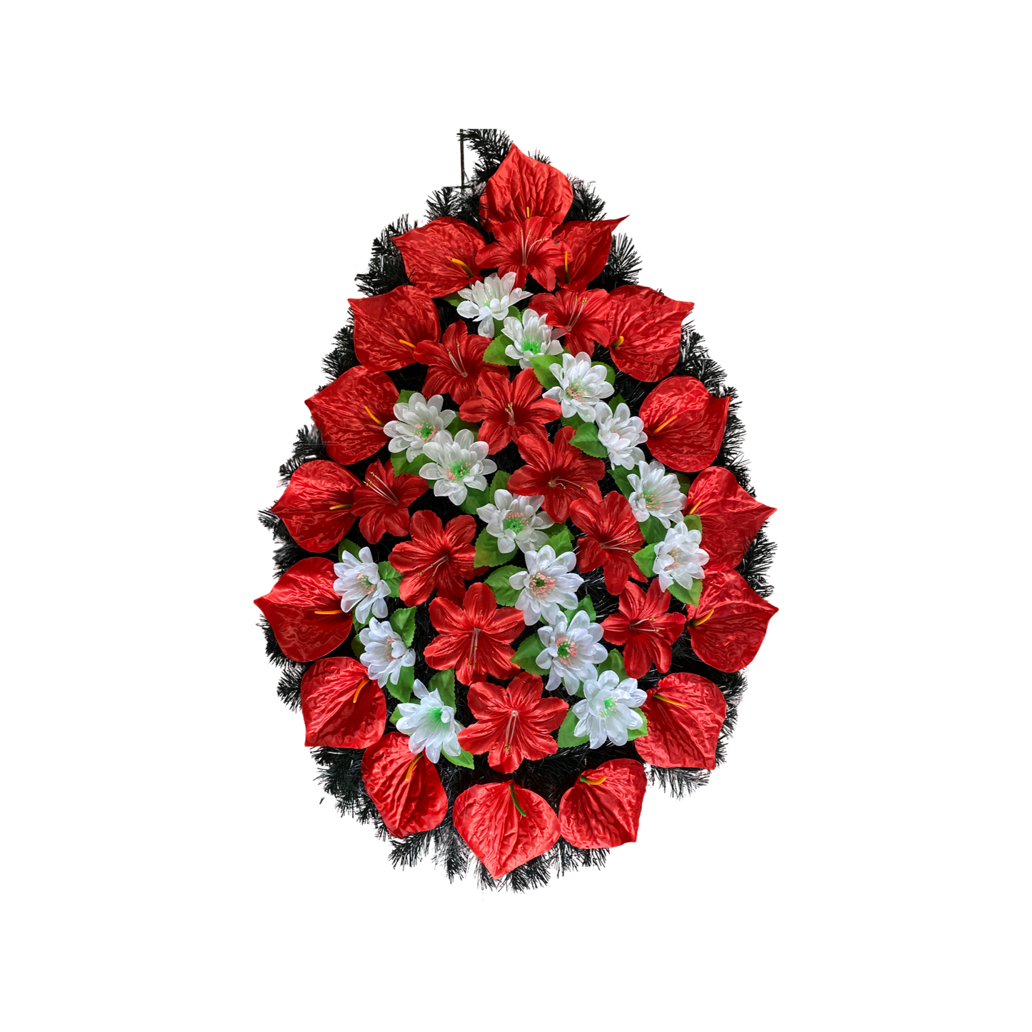 coroana unica formata din anthurium, crini și  Anemone nemorosa si brad artificial de culoare rosu si alb